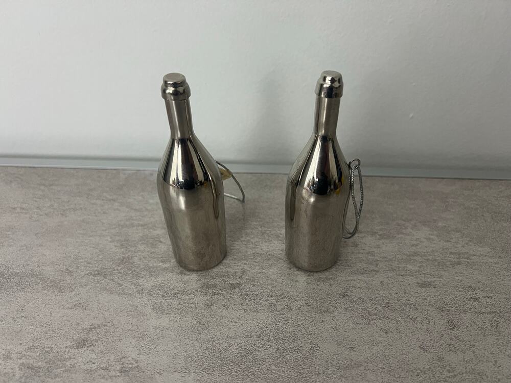 Crate & Barrel Wine Bottle Silver Stainless Steel Christmas Ornaments Set of 2